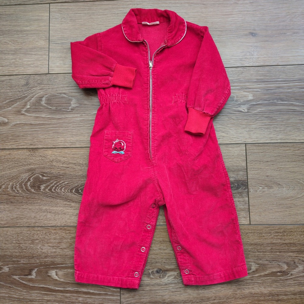 Vtg 60's Baby Health-Tex Stantogs Corduroy Romper Red Embroidered Kitten‎ Cat 2T